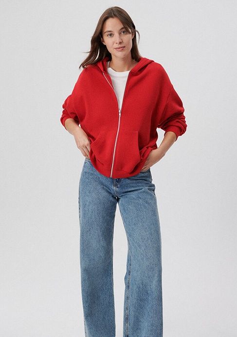  Mavi Fermuarlı Kapüşonlu Kırmızı Basic Sweatshirt 1611775-82054