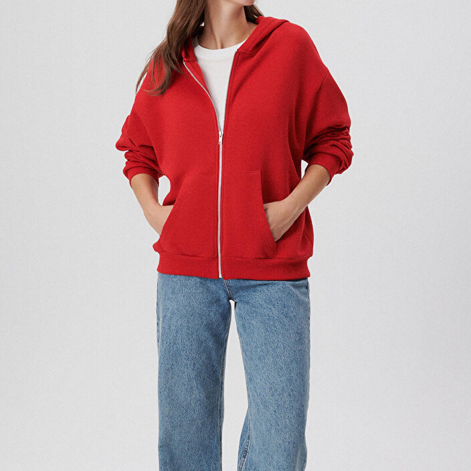 Mavi Fermuarlı Kapüşonlu Kırmızı Basic Sweatshirt 1611775-82054