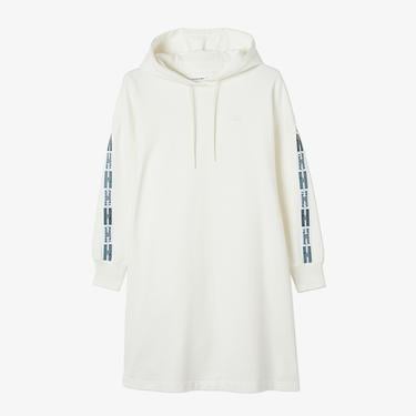  Kadın Loose Fit Truvakar Kollu Kapüşonlu Baskılı Beyaz Elbise