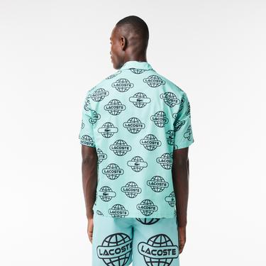  Erkek Relaxed Fit Kısa Kollu Desenli Yeşil Gömlek