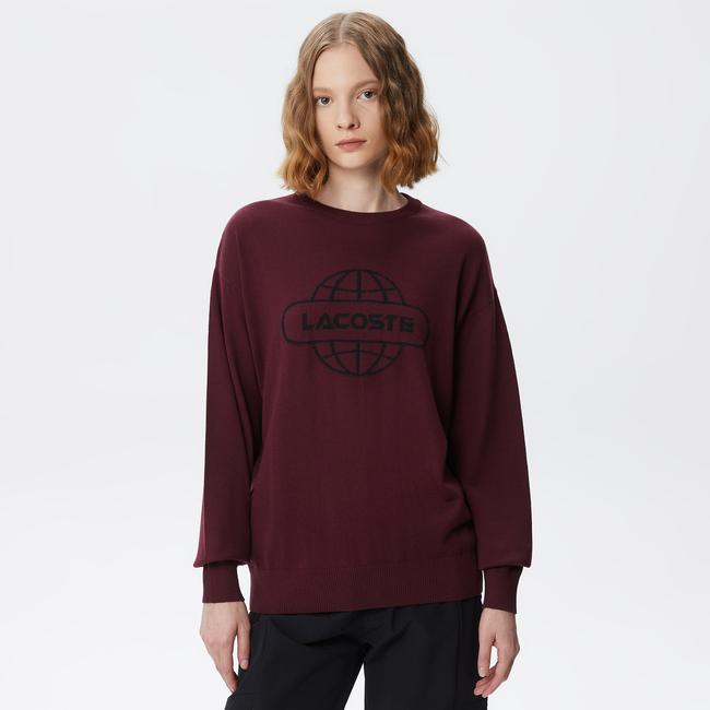  Kadın Regular Fit Bisiklet Yaka Baskılı Kırmızı Kazak