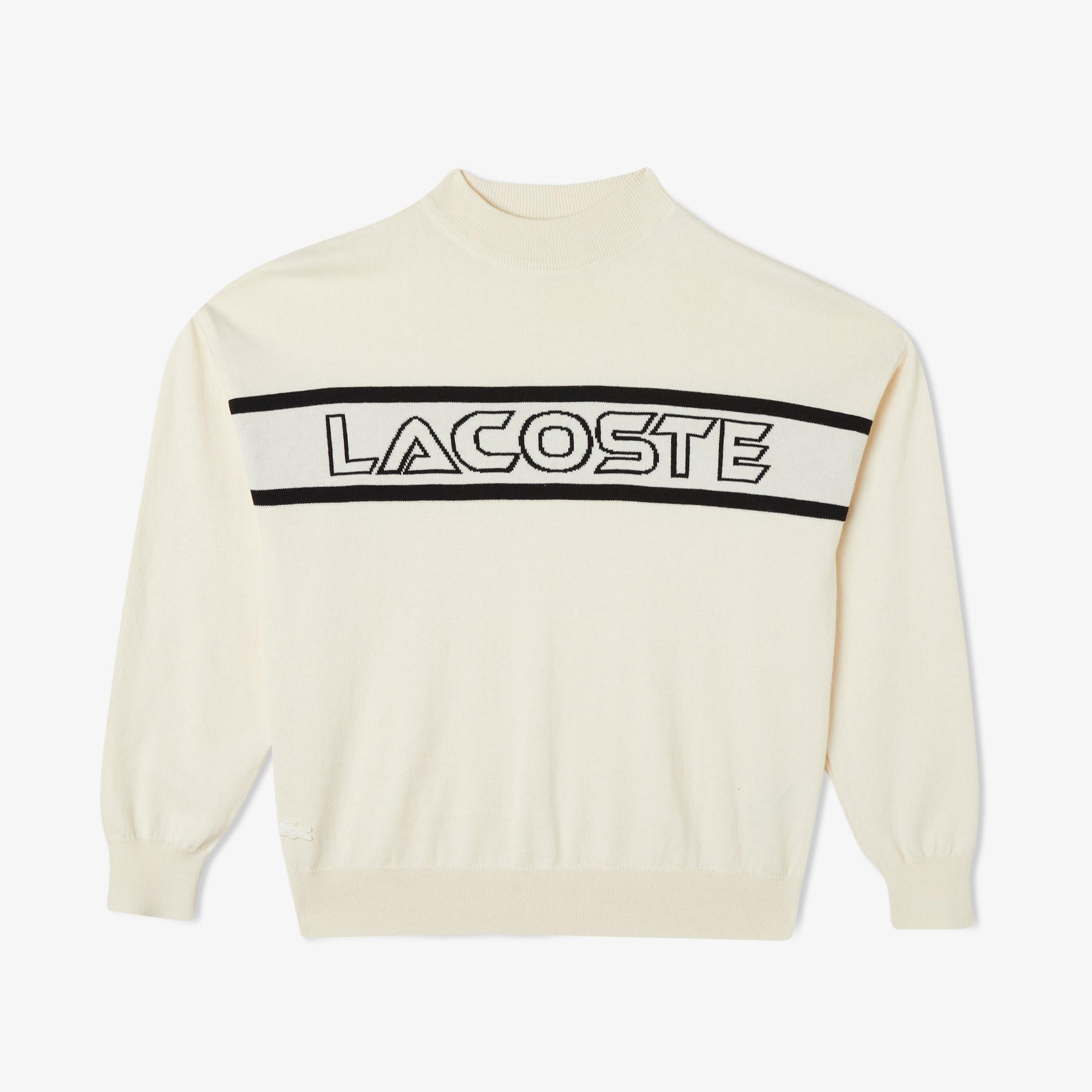 Lacoste Kadın Regular Fit Dik Yaka Baskılı Beyaz Kazak