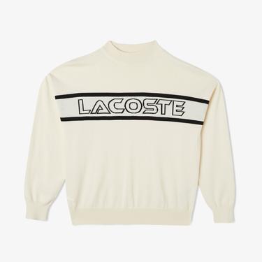  Lacoste Kadın Regular Fit Dik Yaka Baskılı Beyaz Kazak