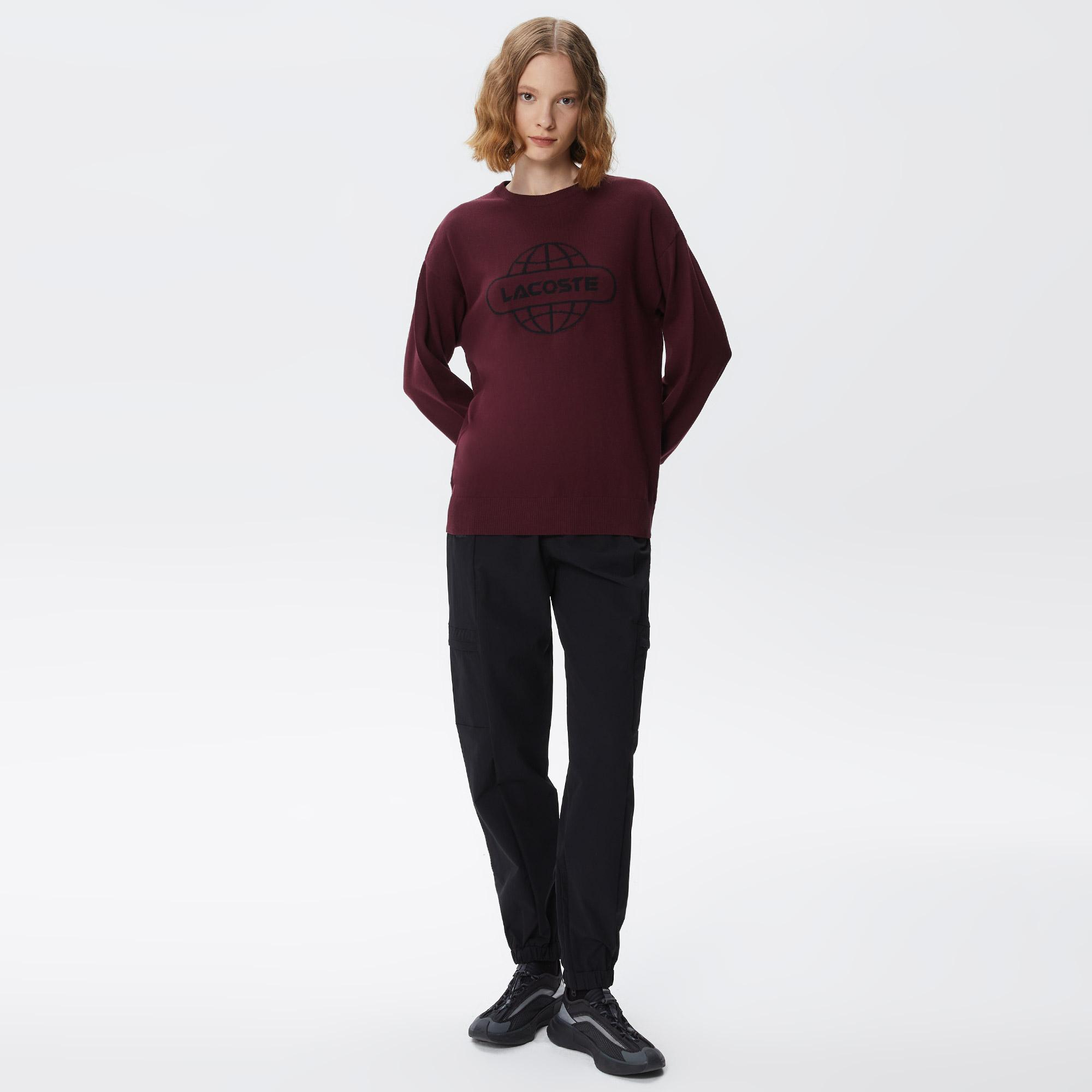 Kadın Regular Fit Bisiklet Yaka Baskılı Kırmızı Kazak