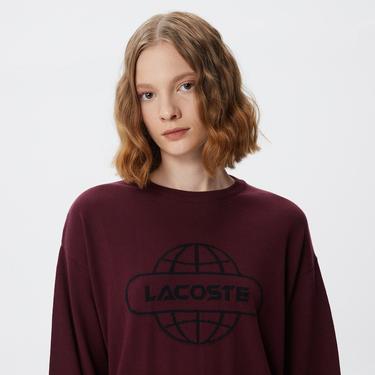  Kadın Regular Fit Bisiklet Yaka Baskılı Kırmızı Kazak