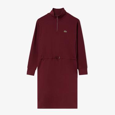  Kadın Loose Fit Uzun Kollu Dik Yaka Baskılı Bordo Elbise