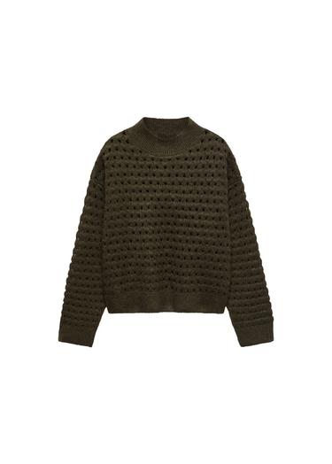  Mango Kadın Ajur Detaylı Triko Kazak Haki