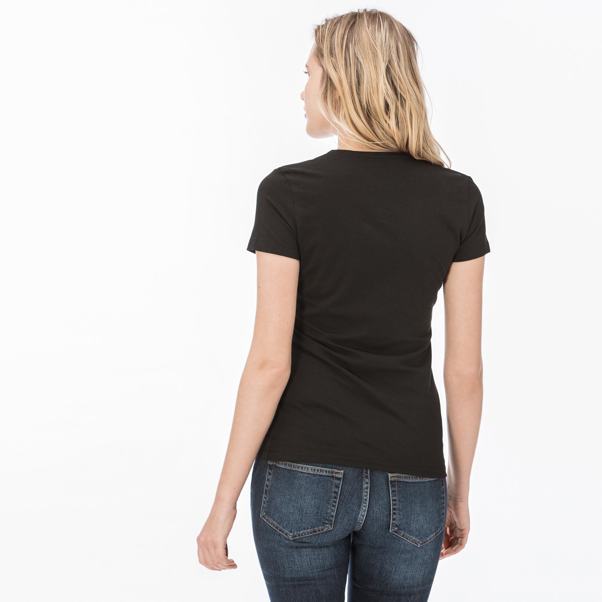 Lacoste Kadın Slim Fit V Yaka Siyah T-Shirt