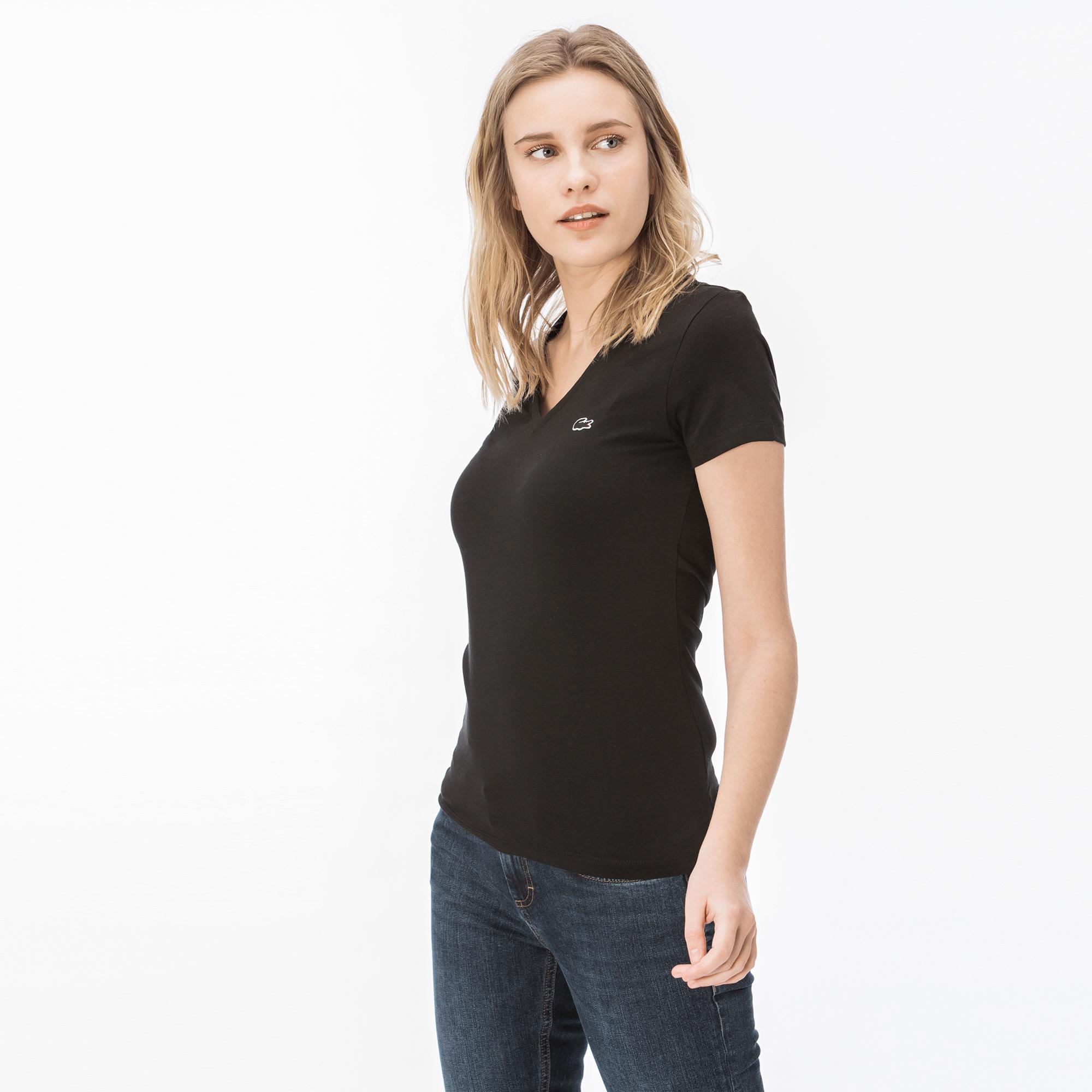 Lacoste Kadın Slim Fit V Yaka Siyah T-Shirt