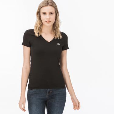  Lacoste Kadın Slim Fit V Yaka Siyah T-Shirt