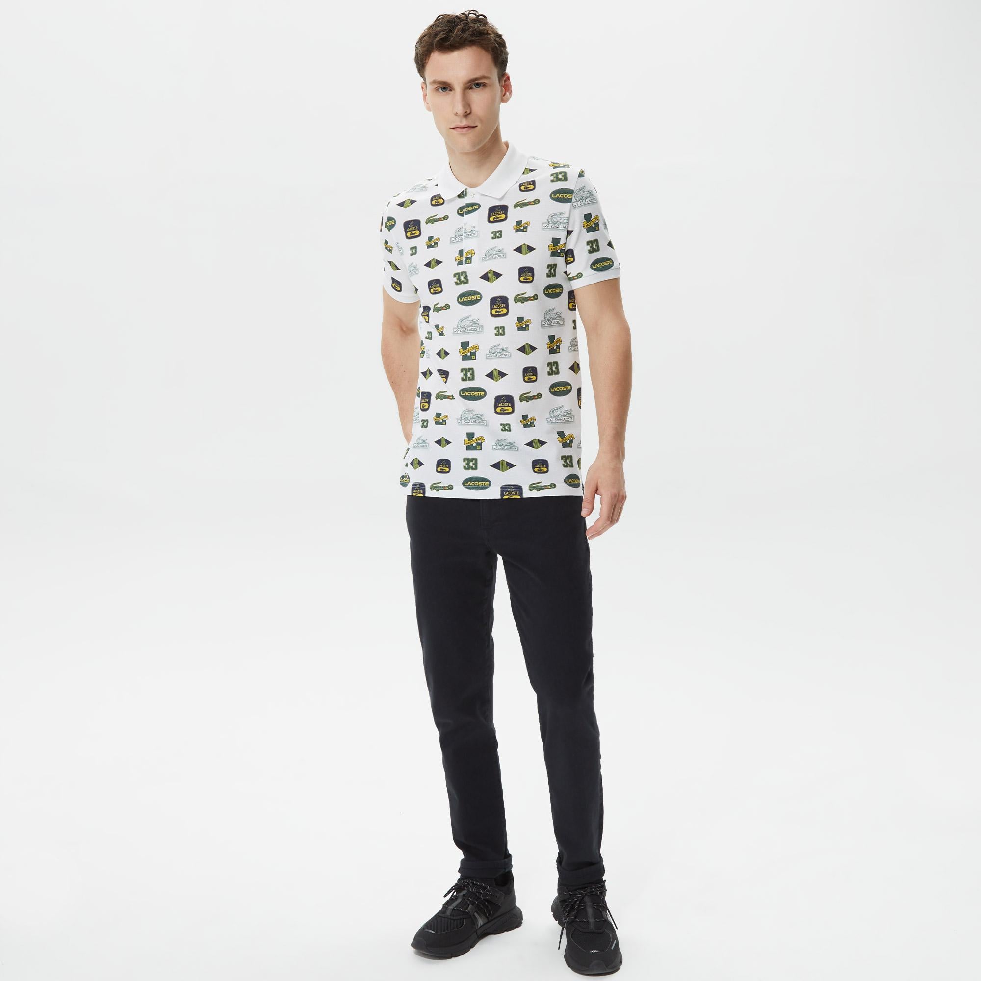 Erkek Slim Fit Baskılı Beyaz Polo