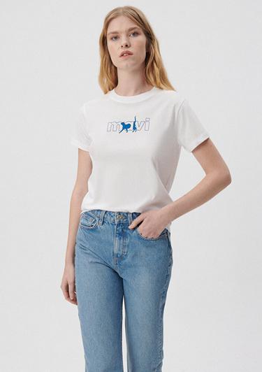  Mavi Mavi Kedi Logo Baskılı Beyaz Tişört Regular Fit / Normal Kesim 1611478-620