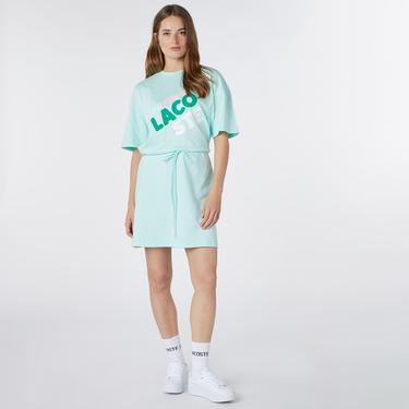  Lacoste Kadın Loose Fit Kısa Kollu Bisiklet Yaka Baskılı Açık Yeşil Elbise