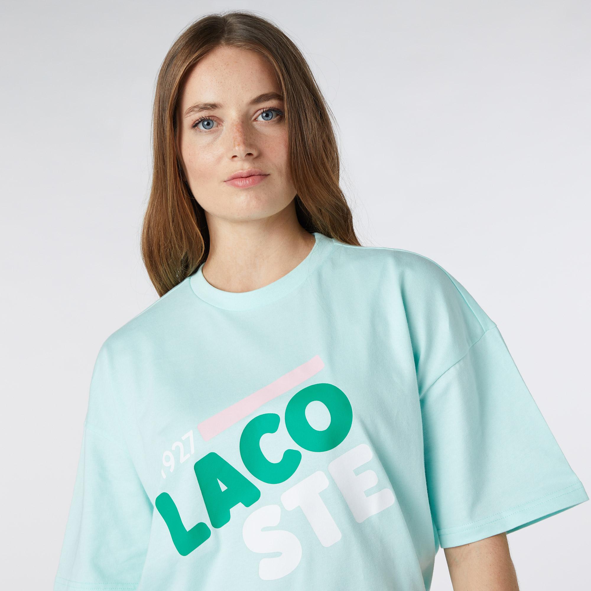 Lacoste Kadın Loose Fit Kısa Kollu Bisiklet Yaka Baskılı Açık Yeşil Elbise