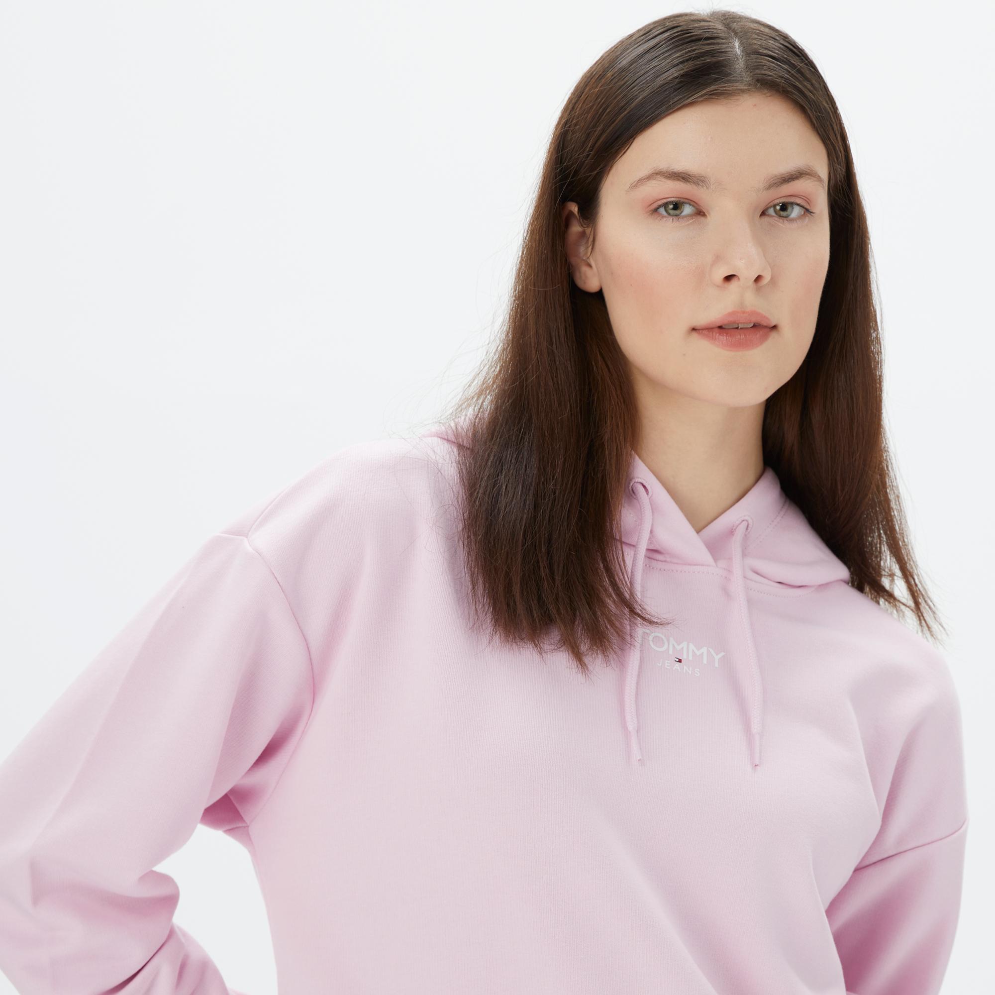 Tommy Jeans Relax Crop Essential Logo Hoodie Kadın Pembe Sweatshirt