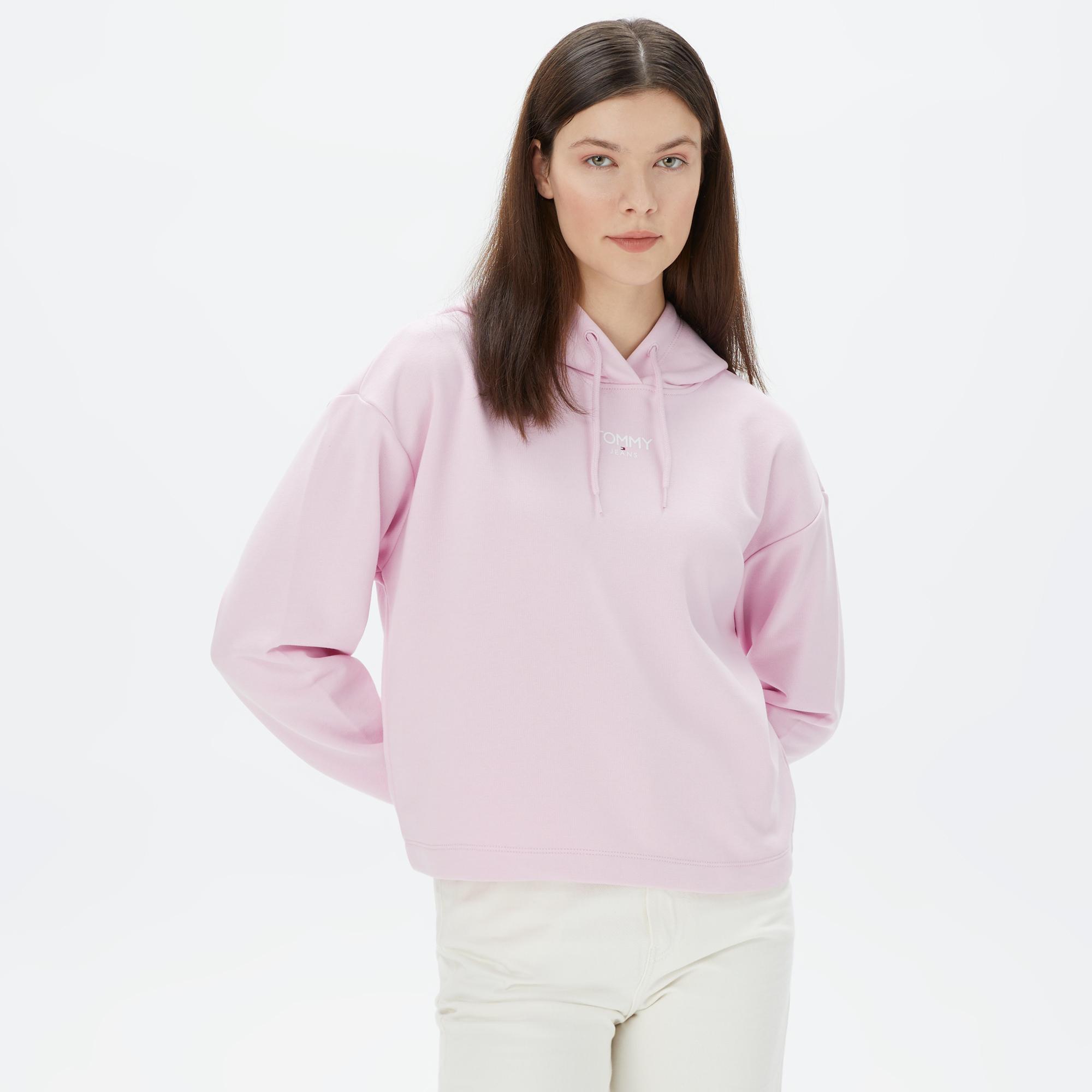 Tommy Jeans Relax Crop Essential Logo Hoodie Kadın Pembe Sweatshirt