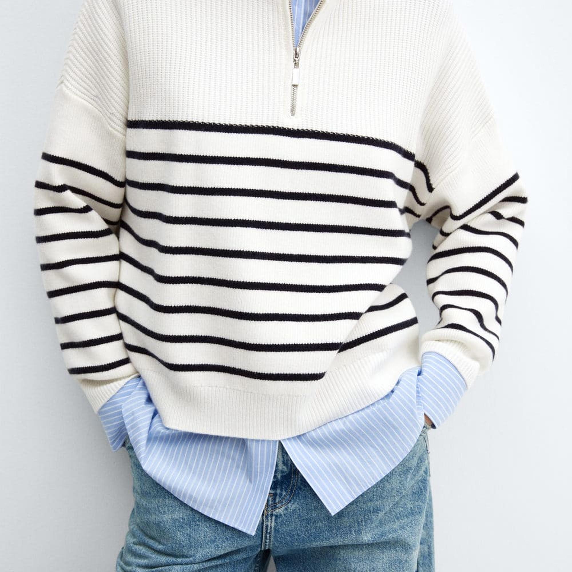 Mango Kadın Fermuarlı Çizgili Kazak Lacivert