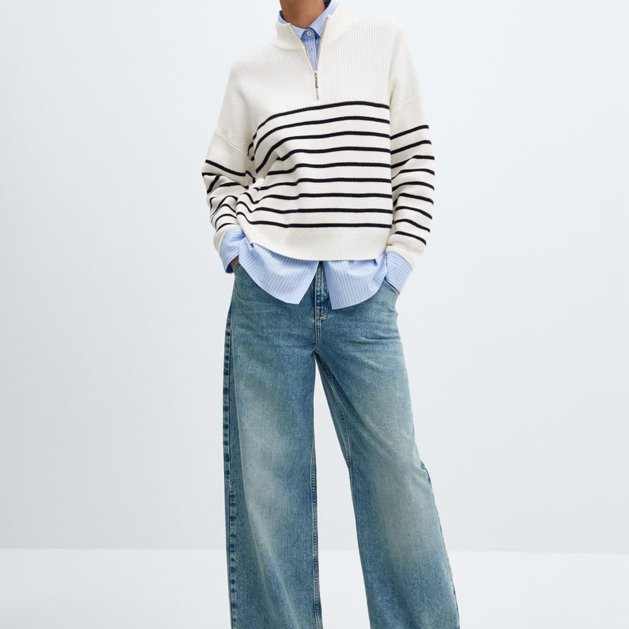 Mango Kadın Fermuarlı Çizgili Kazak Lacivert