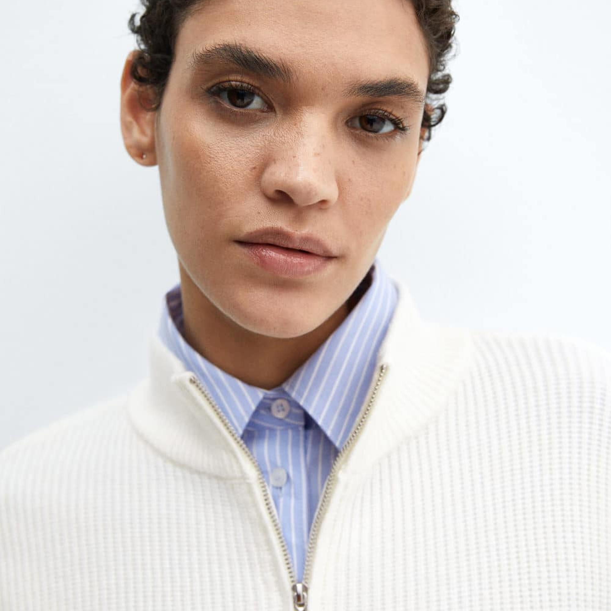 Mango Kadın Fermuarlı Çizgili Kazak Lacivert