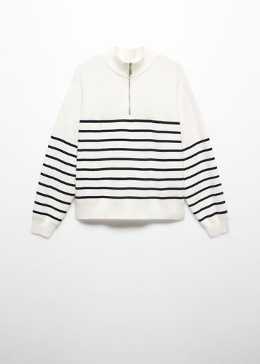  Mango Kadın Fermuarlı Çizgili Kazak Lacivert