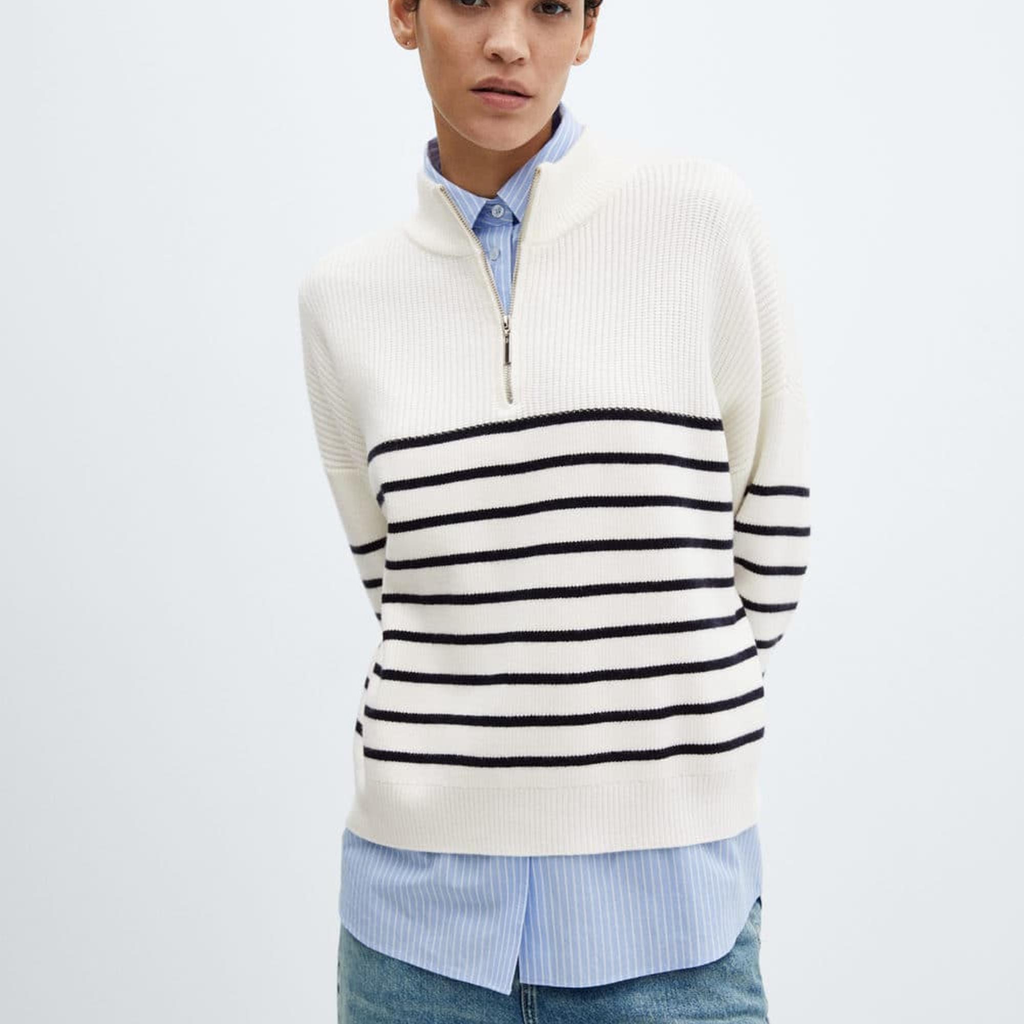 Mango Kadın Fermuarlı Çizgili Kazak Lacivert