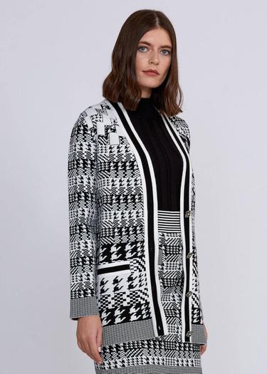  Knitss Geometrik Kaz Ayağı Desenli Siyah Beyaz Triko Hırka