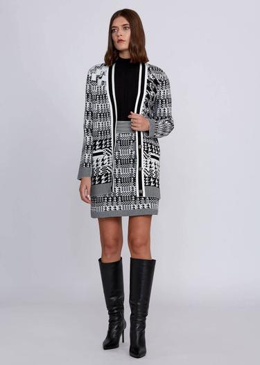  Knitss Geometrik Kaz Ayağı Desenli Siyah Beyaz Triko Hırka