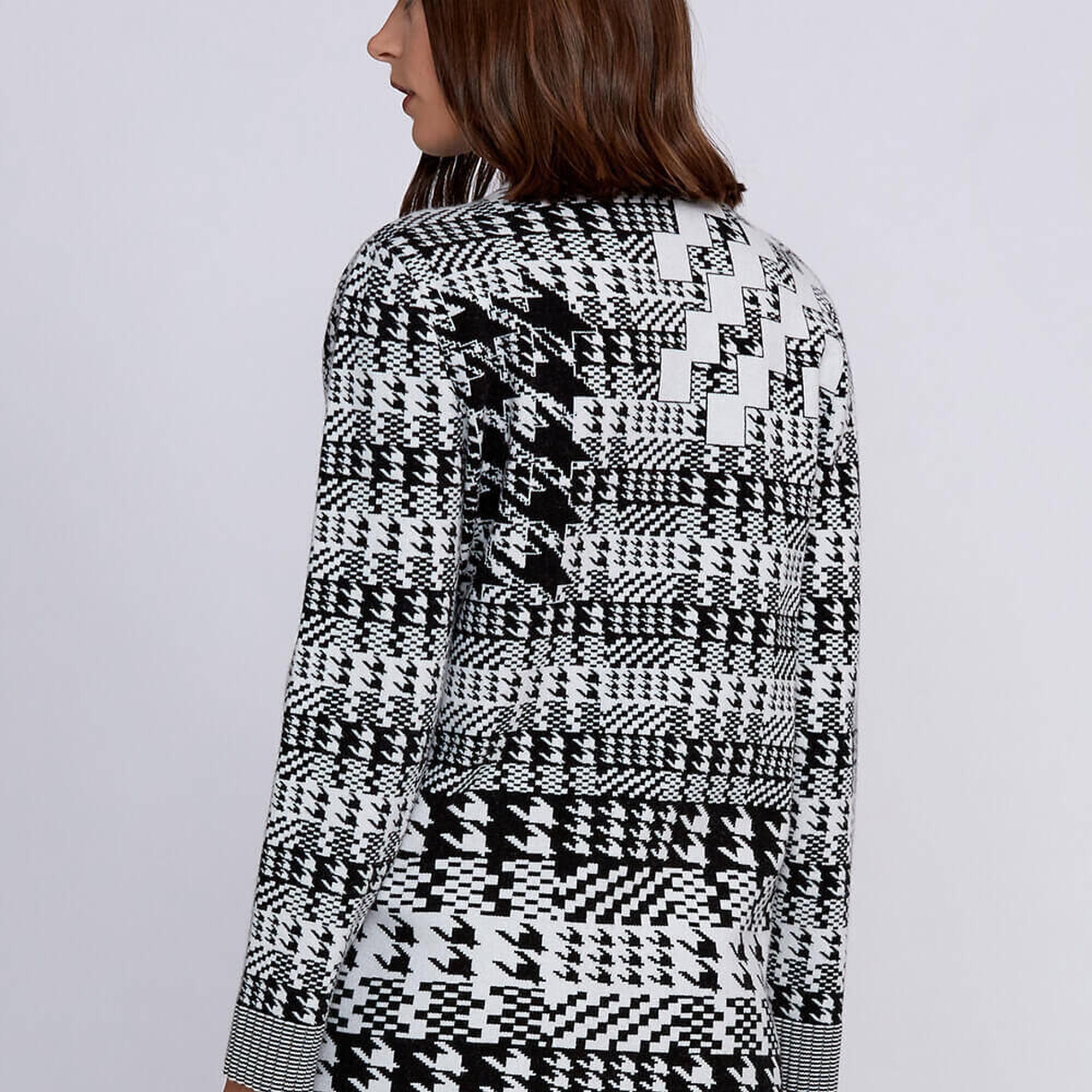 Knitss Geometrik Kaz Ayağı Desenli Siyah Beyaz Triko Hırka