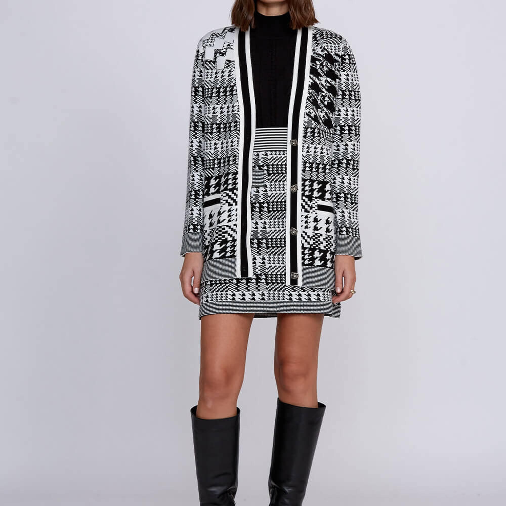 Knitss Geometrik Kaz Ayağı Desenli Siyah Beyaz Triko Hırka