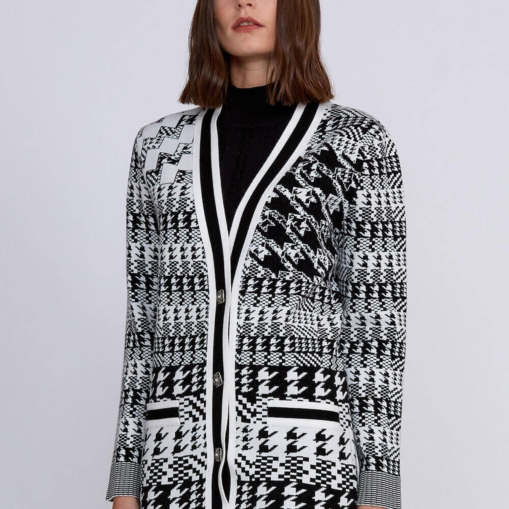 Knitss Geometrik Kaz Ayağı Desenli Siyah Beyaz Triko Hırka