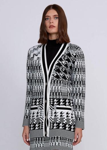  Knitss Geometrik Kaz Ayağı Desenli Siyah Beyaz Triko Hırka