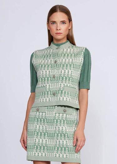  Knitss Geometrik Kaz Ayağı Desenli Yeşil Krem Triko Yelek