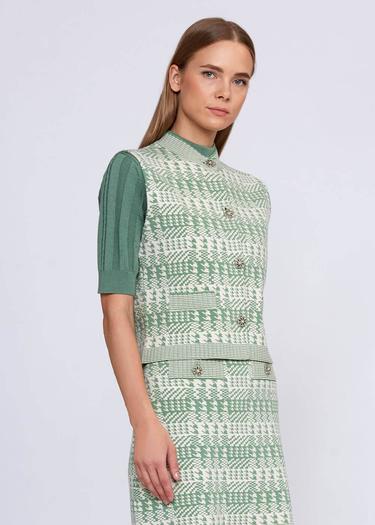  Knitss Geometrik Kaz Ayağı Desenli Yeşil Krem Triko Yelek