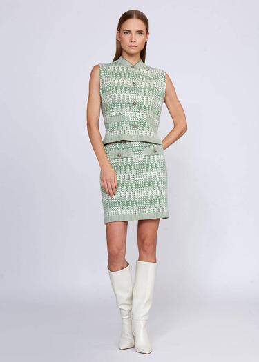  Knitss Geometrik Kaz Ayağı Desenli Yeşil Krem Triko Yelek