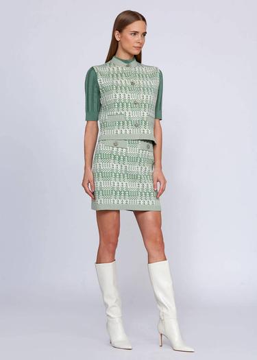  Knitss Geometrik Kaz Ayağı Desenli Yeşil Krem Triko Yelek