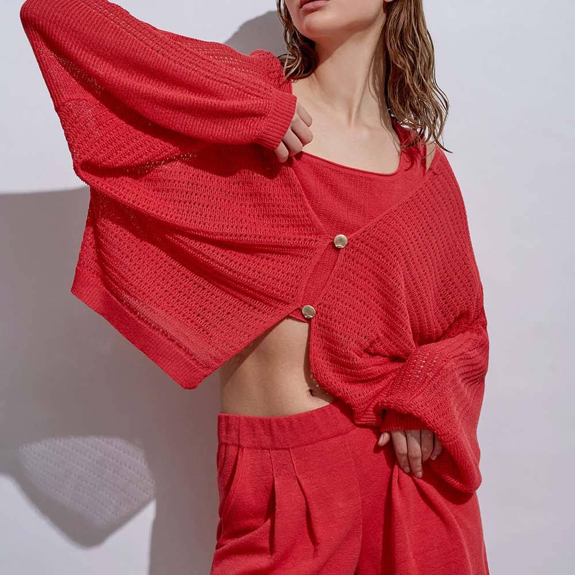 Knitss Deniz Kabuğu Düğmeli Mercan Keten Triko Hırka