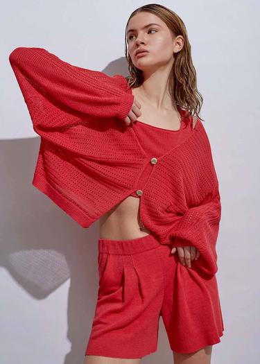  Knitss Deniz Kabuğu Düğmeli Mercan Keten Triko Hırka