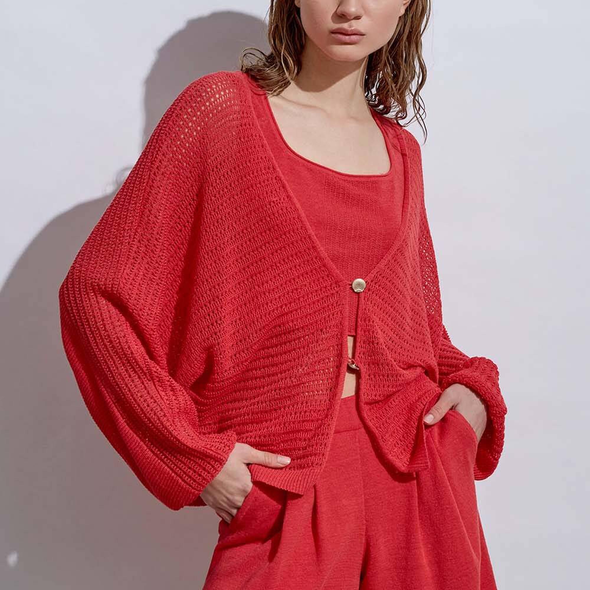 Knitss Deniz Kabuğu Düğmeli Mercan Keten Triko Hırka