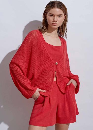  Knitss Deniz Kabuğu Düğmeli Mercan Keten Triko Hırka