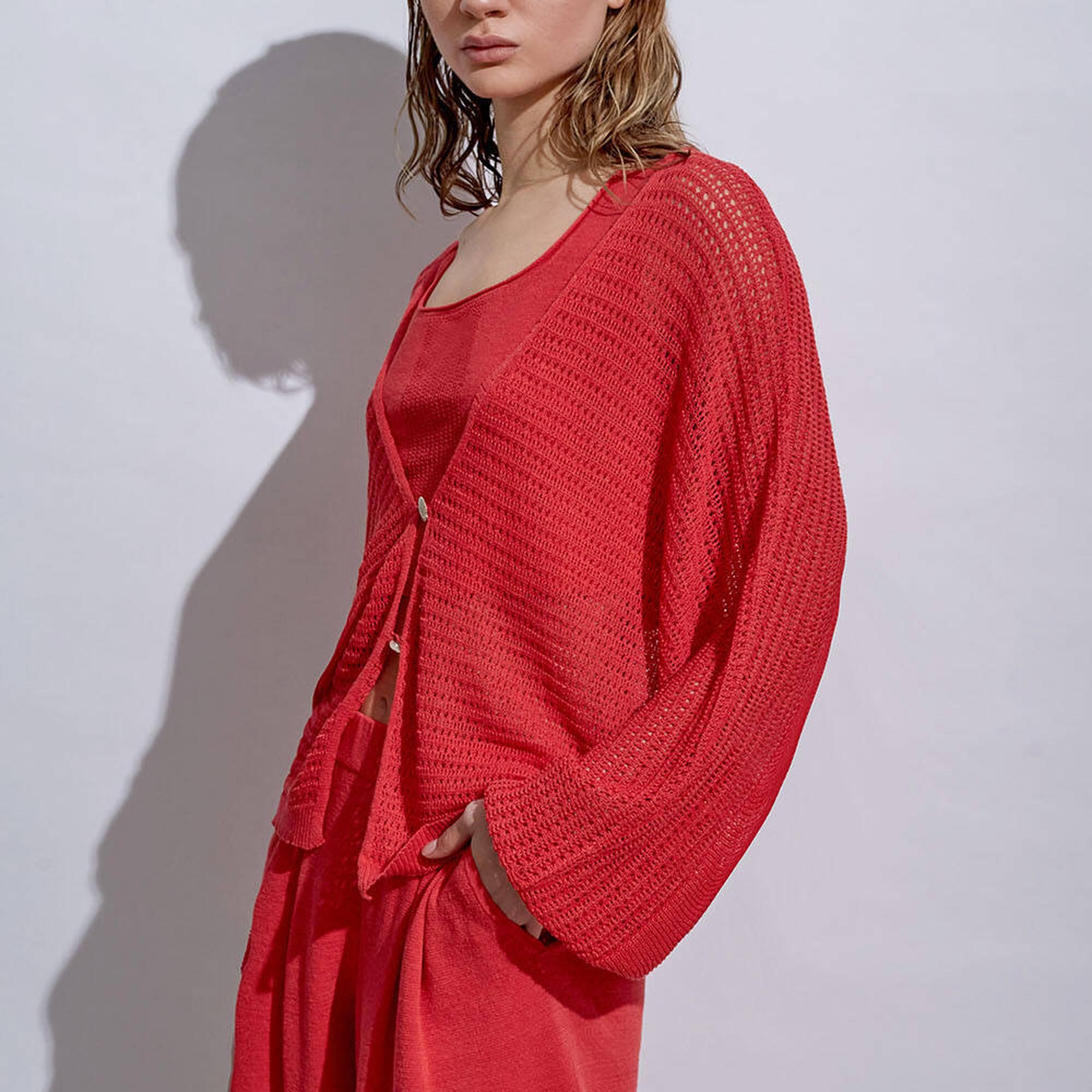 Knitss Deniz Kabuğu Düğmeli Mercan Keten Triko Hırka