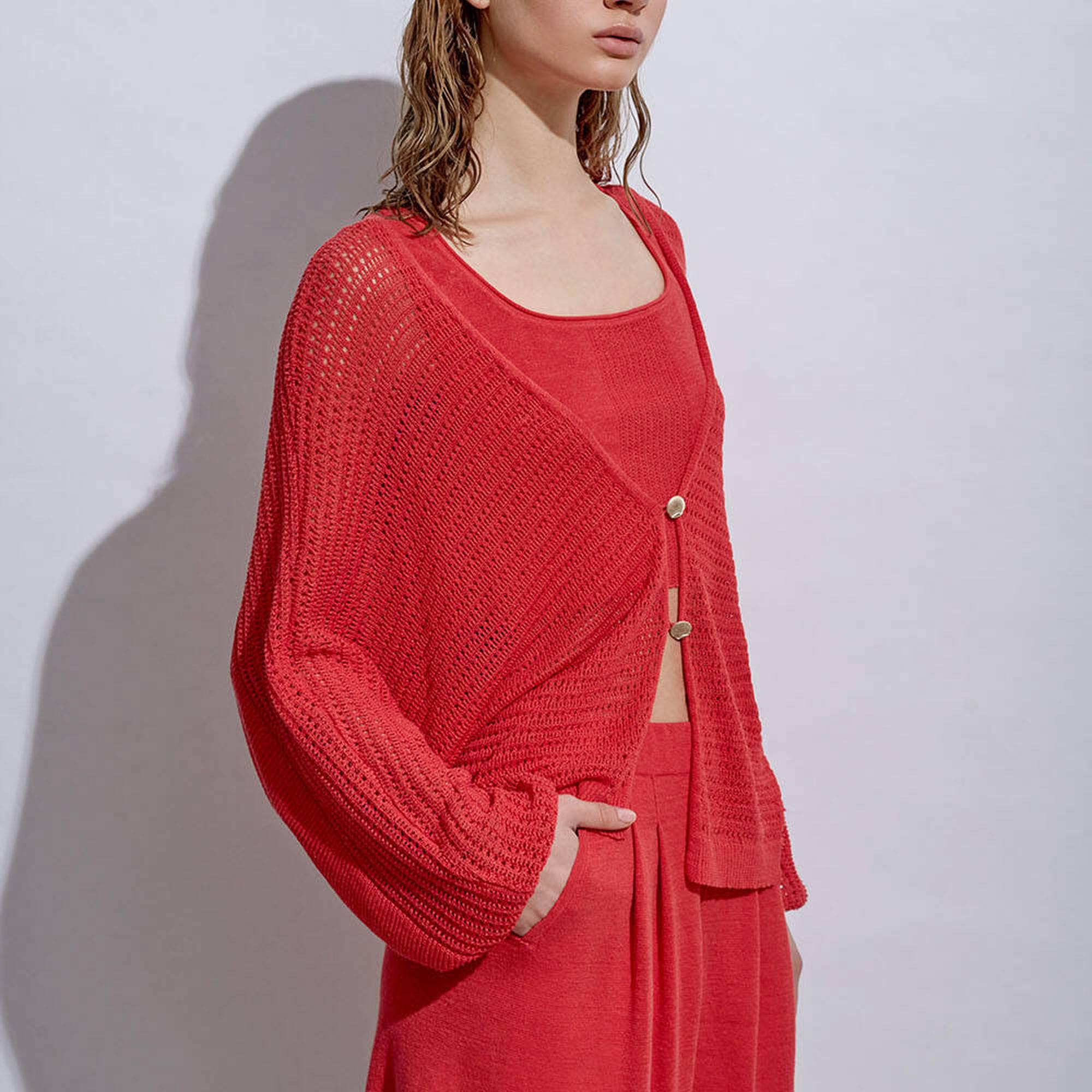 Knitss Deniz Kabuğu Düğmeli Mercan Keten Triko Hırka