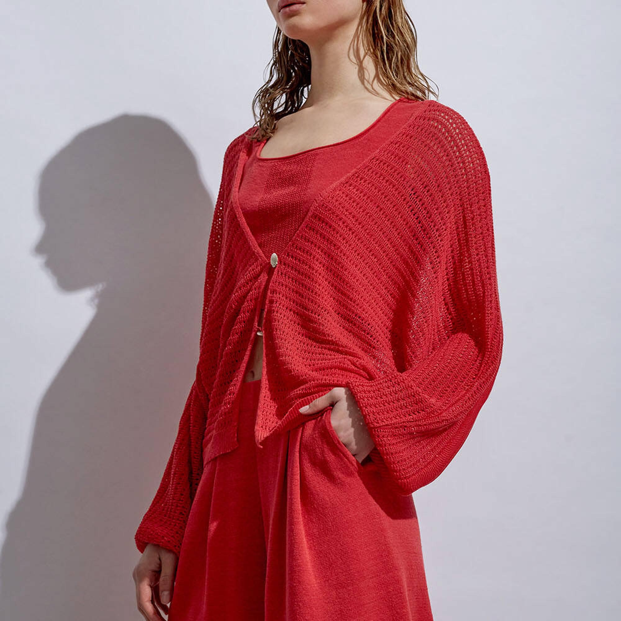 Knitss Deniz Kabuğu Düğmeli Mercan Keten Triko Hırka