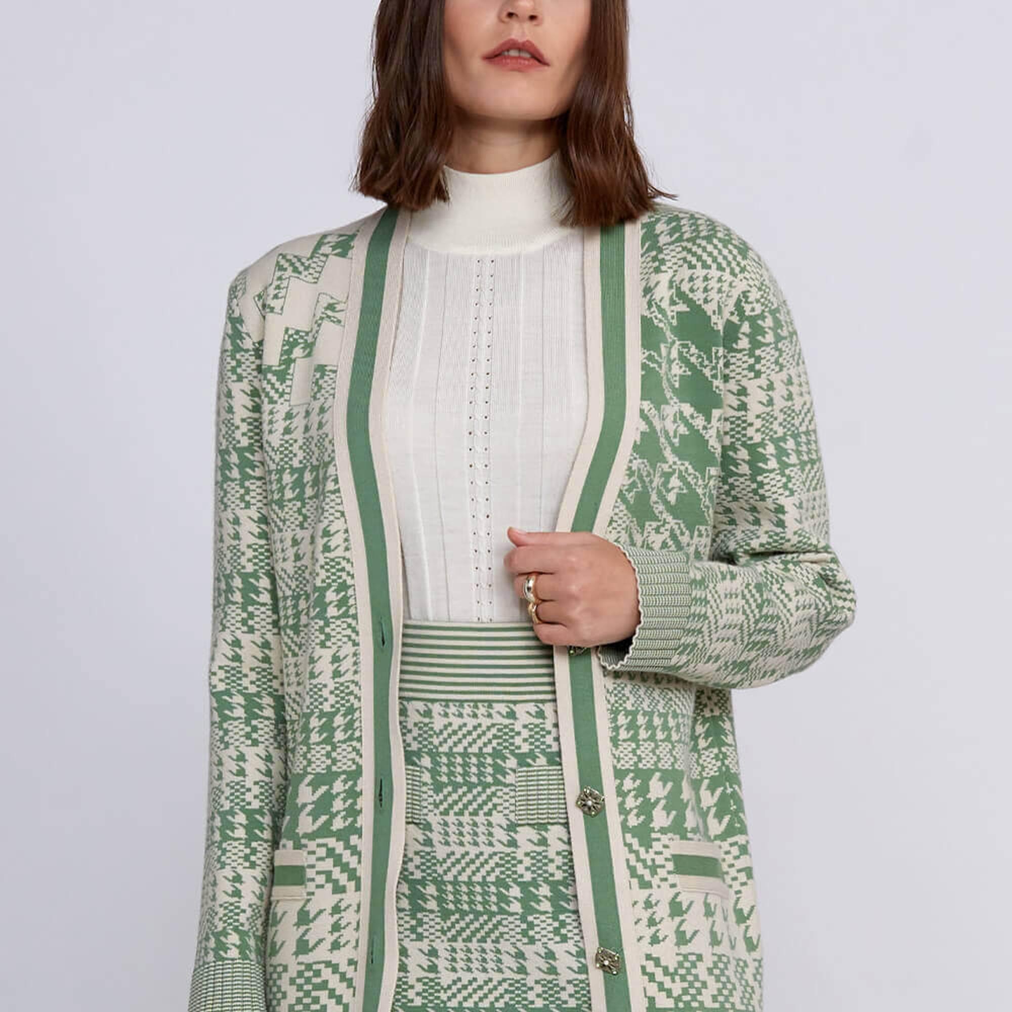 Knitss Geometrik Kaz Ayağı Desenli Yeşil Krem Triko Hırka