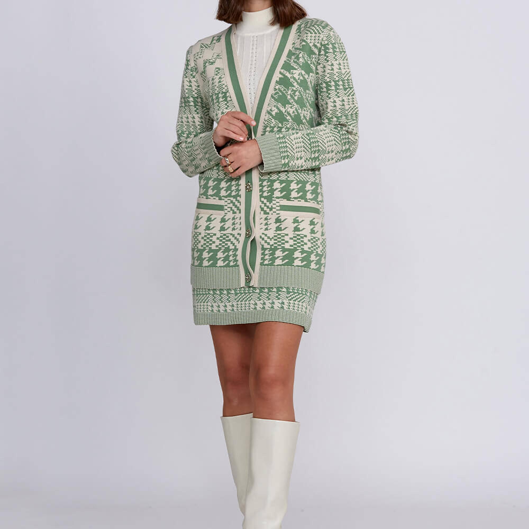 Knitss Geometrik Kaz Ayağı Desenli Yeşil Krem Triko Hırka