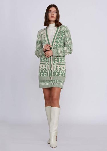  Knitss Geometrik Kaz Ayağı Desenli Yeşil Krem Triko Hırka