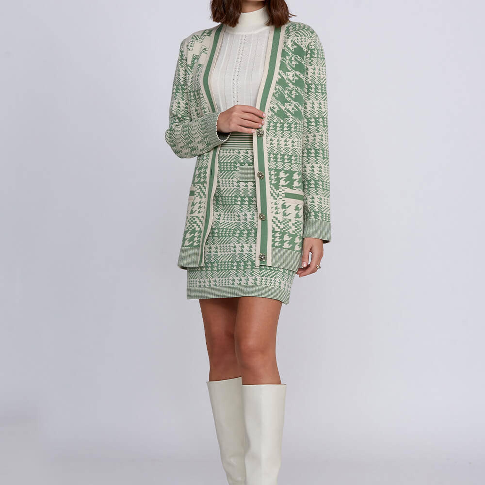 Knitss Geometrik Kaz Ayağı Desenli Yeşil Krem Triko Hırka