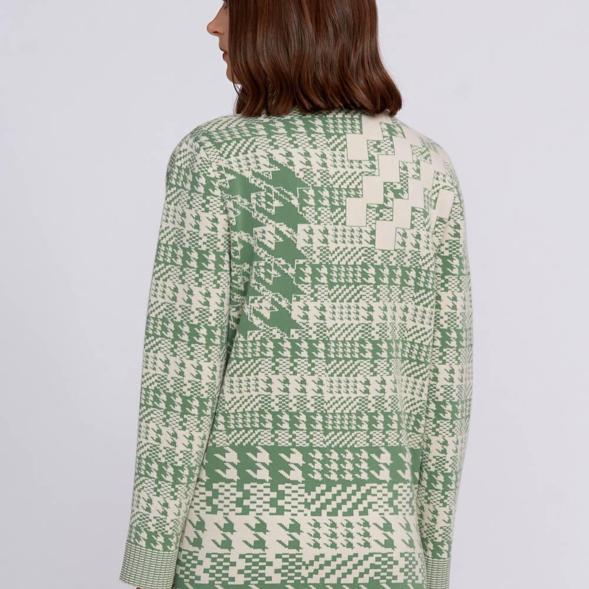 Knitss Geometrik Kaz Ayağı Desenli Yeşil Krem Triko Hırka