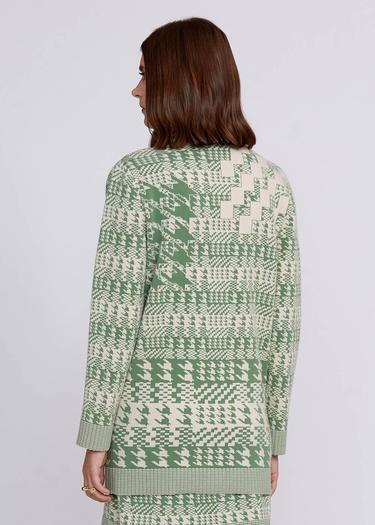  Knitss Geometrik Kaz Ayağı Desenli Yeşil Krem Triko Hırka