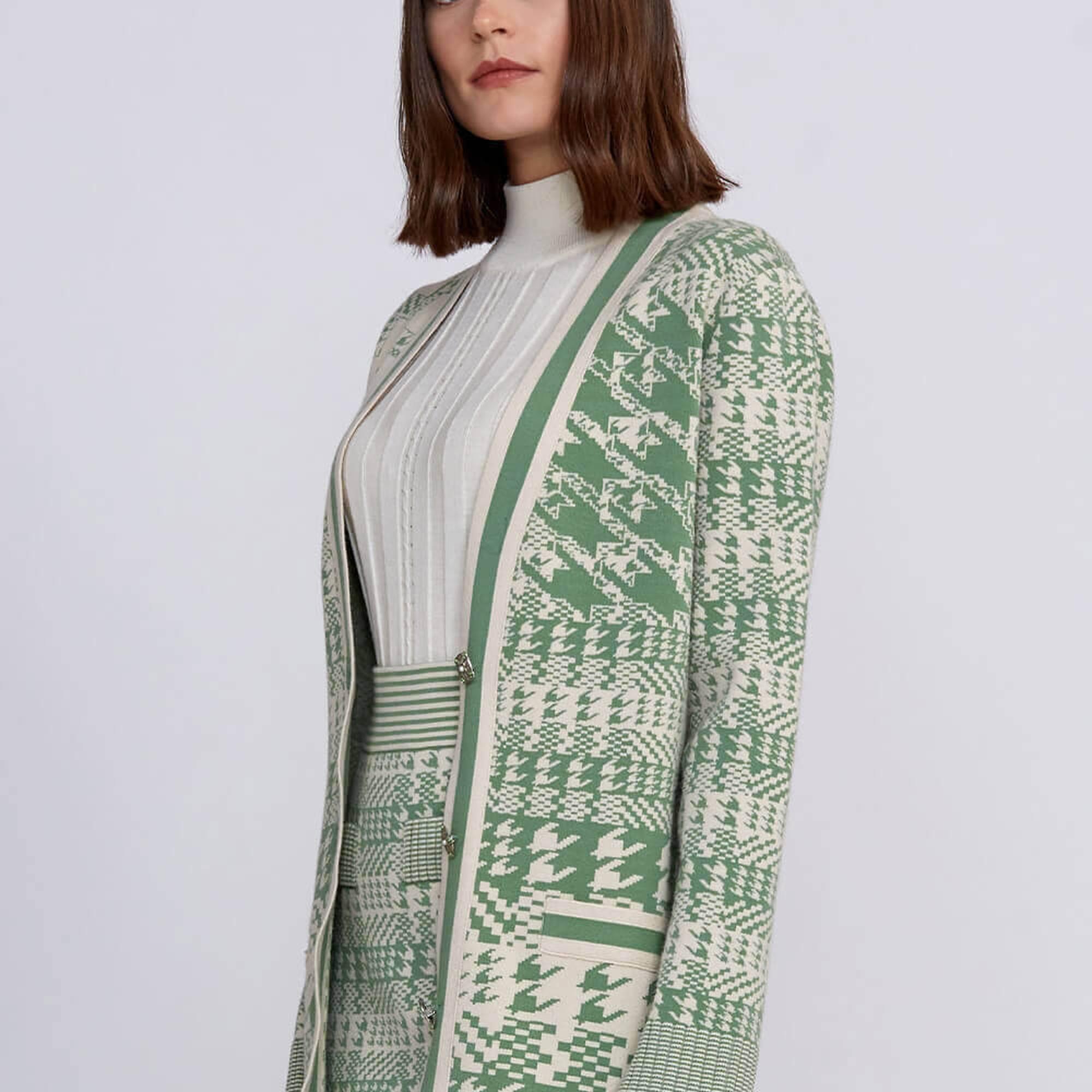 Knitss Geometrik Kaz Ayağı Desenli Yeşil Krem Triko Hırka