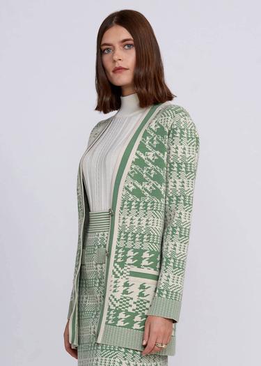  Knitss Geometrik Kaz Ayağı Desenli Yeşil Krem Triko Hırka